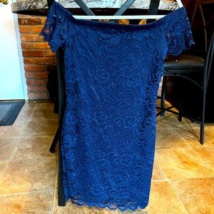 Navy blue floral lace dress, off the shoulder, above the knee and fitted